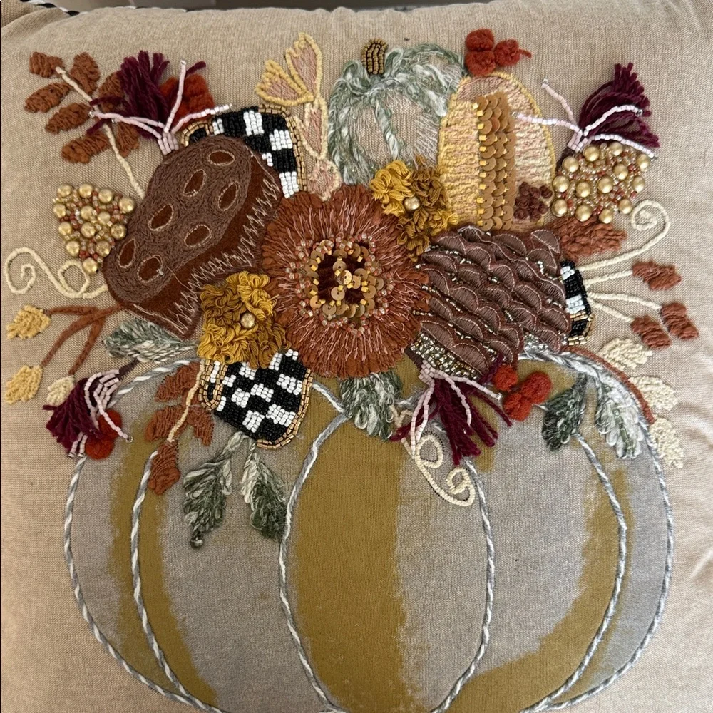 MacKenzie-Childs Autumn Frost Beaded Pumpkin Throw Pillow-NWT